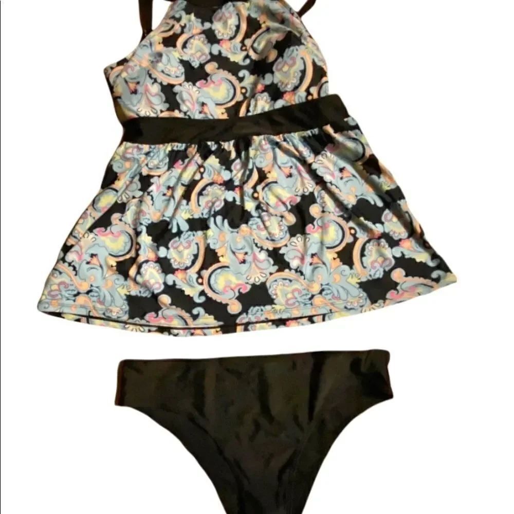 Women’s tankini bikini 2 piece swimsuit bathing suit blue paisley print L/XL